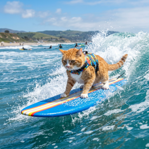 Orange cat wearing a harness rides a colorful surfboard on ocean waves